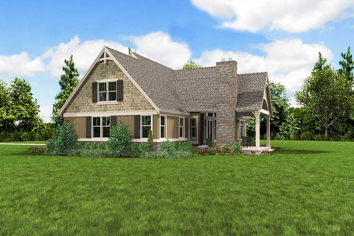 Craftsman house plan exterior with gable dormer, stone chimney, porch, and shake siding.