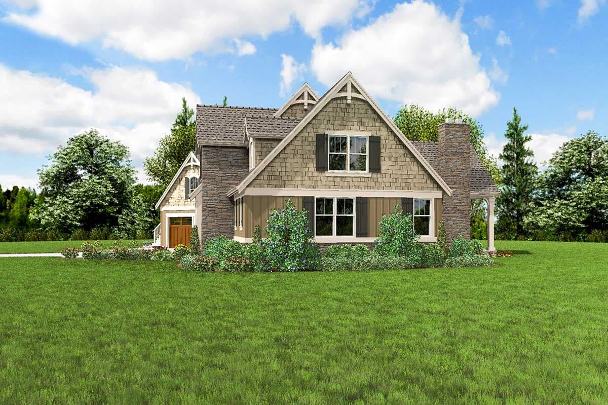 House plan exterior: Two-story home with stone and shingle siding, gables, dormers, a prominent stone chimney, and an attached garage.