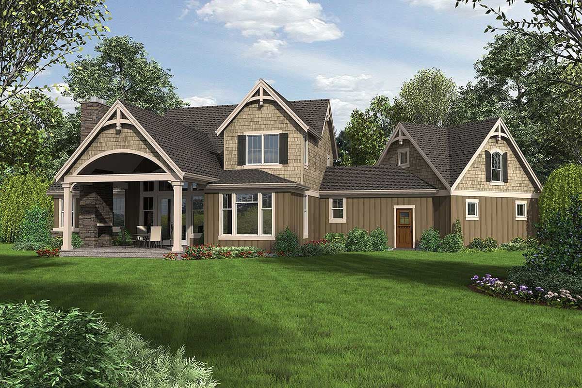 House plan exterior shows a two-story home with a covered porch, stone chimney, multiple gables, and shaker siding.