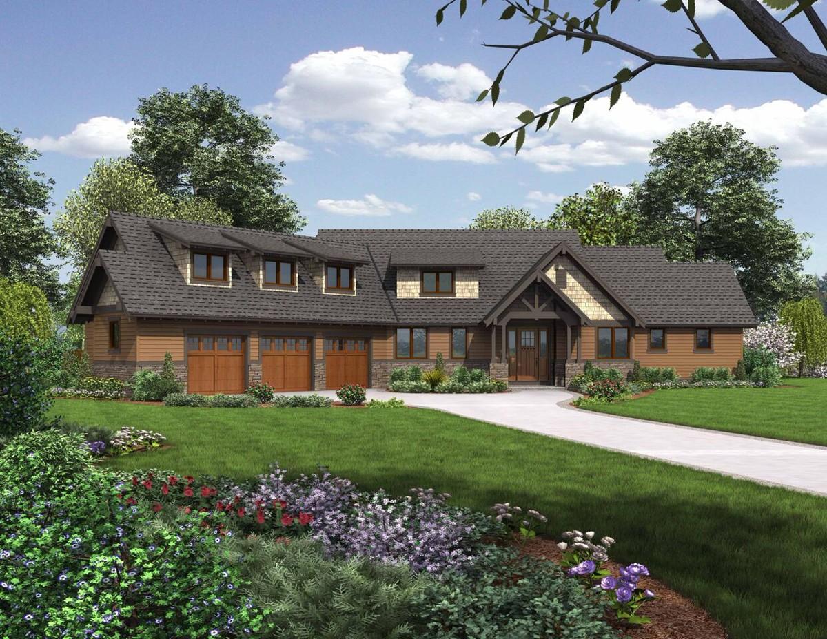 Craftsman house plan exterior with a prominent gable, exposed rafter tails, dormers, and a three-car garage.