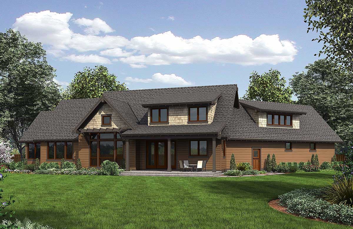 House plan exterior: two-story Modern Farmhouse with gable dormers, stone accents, large windows, and covered rear porch.