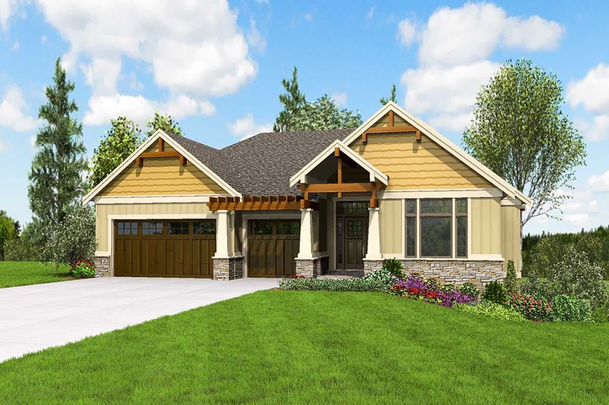 House plan exterior: Craftsman style, 1.5 stories, with a prominent gabled entryway, stone accents, and a three-car garage.