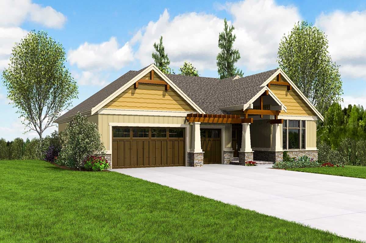 House plan exterior: Ranch style with dual garage doors, covered entry with pergola, and stone accents.