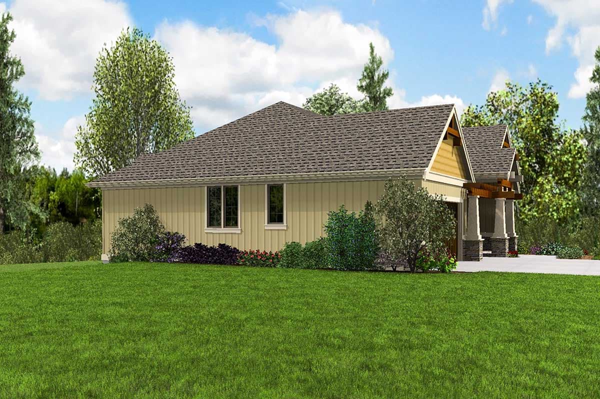 House plan exterior view of a one-story home with double gables, a covered entrance with stone pillars, and a two-car garage.