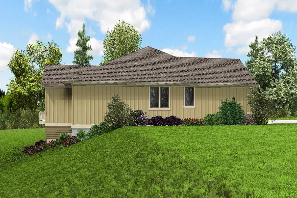 House plan exterior: Single-story home with a gable roof, horizontal siding, and two windows.