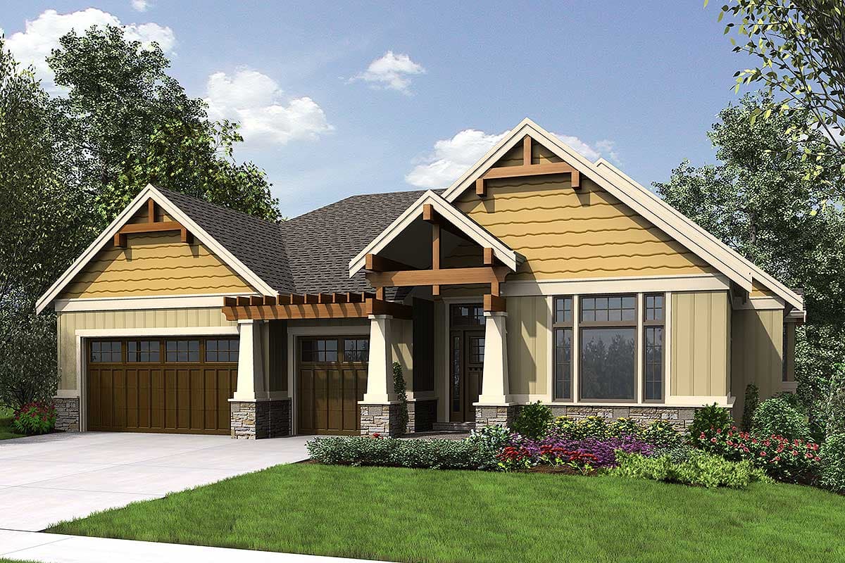 House plan exterior rendering. Craftsman style with a single story, front-facing gables, pergola porch, and stone accents.