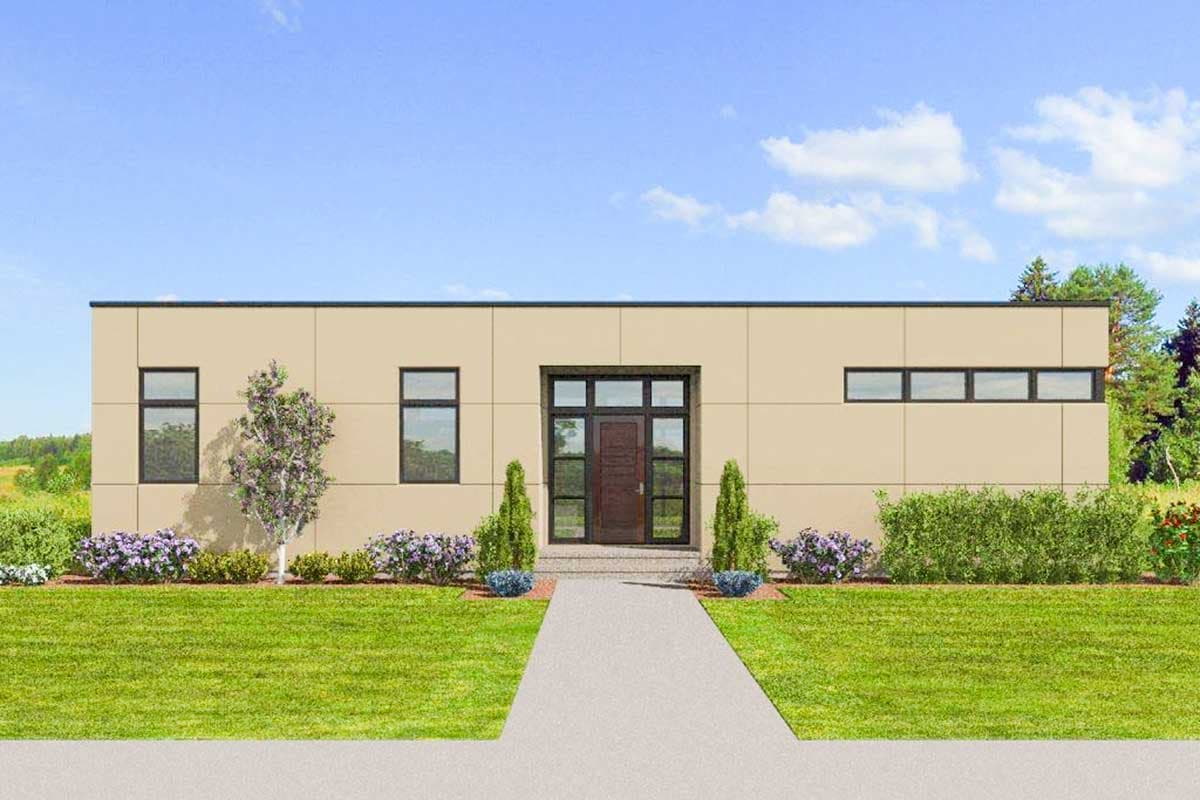 Modern house plan exterior with a single story, flat roof, central entrance with glass sidelights, and horizontal band windows.