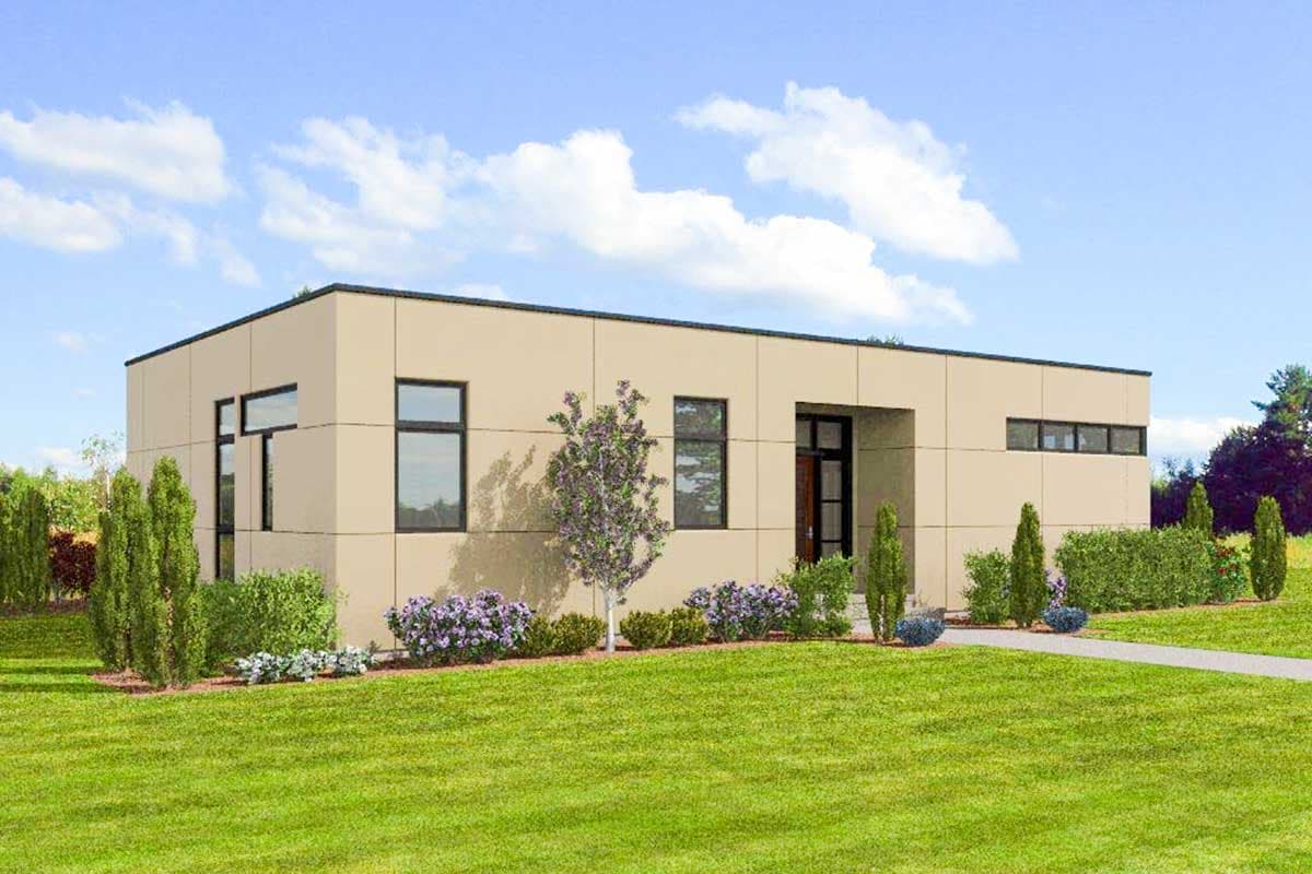 Modern house plan exterior with flat roof, beige siding, recessed entrance, and horizontal windows.