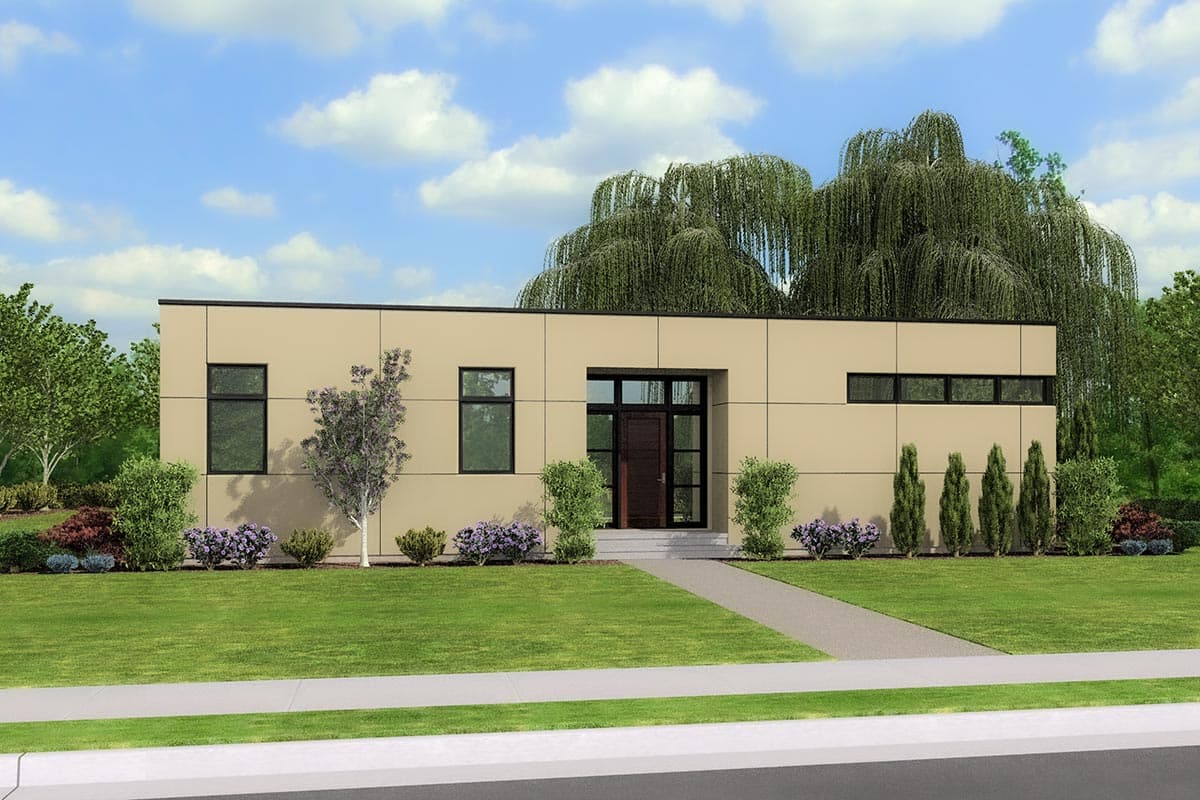 Modern house plan exterior: one story with flat roof, beige siding, horizontal windows, and a central entry with a dark door.