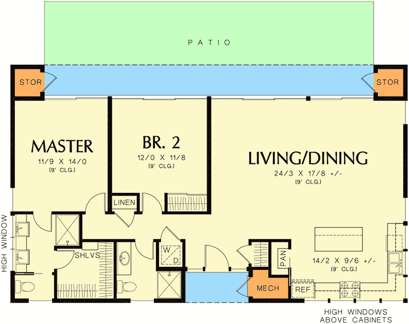 Plan 69613AM: 2 Bed Modern House Plan - 1268 Sq Ft - Floor Plan - Main Level - Contemporary, Mid Century Modern, Modern