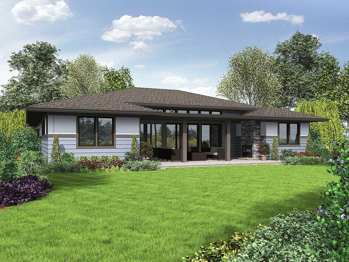 House plan exterior: One-story home with horizontal siding, a covered patio, and a stone fireplace.