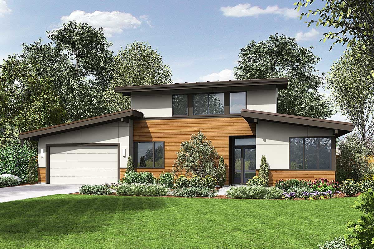 Modern house plan exterior with angled rooflines, wood siding, and a two-car garage.