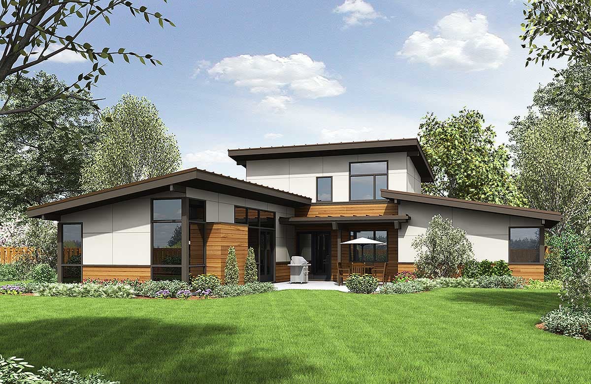 Modern house plan exterior with a low-pitched roof, extensive windows, wood siding accents, and a covered patio.