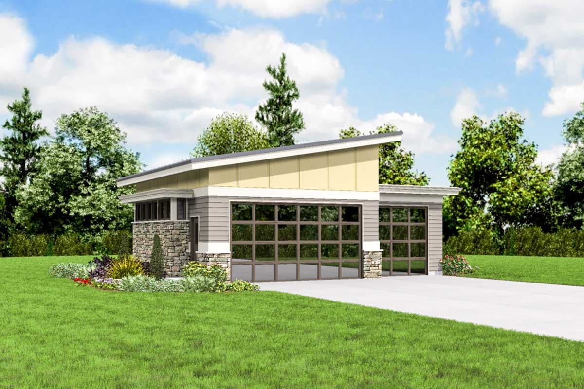 Modern house plan exterior with two glass garage doors, stone accents, and a sloped roof.