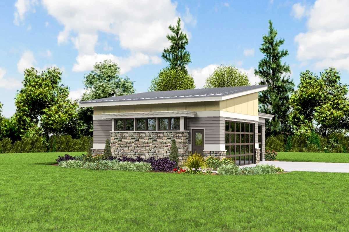 Modern house plan exterior with stone facade, horizontal siding, narrow windows, and a glass garage door.