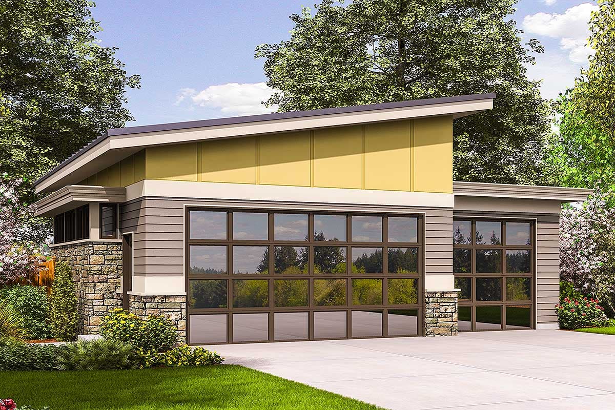 Modern house plan exterior with stone accents, horizontal siding, and extensive glass garage doors.