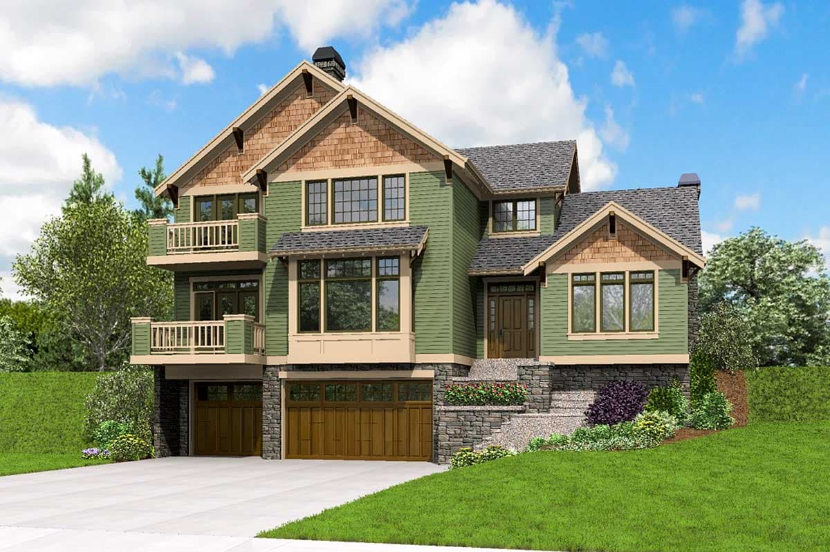 Craftsman style house plan exterior with cedar shingles, multiple gables, two covered balconies, and a three-car garage.
