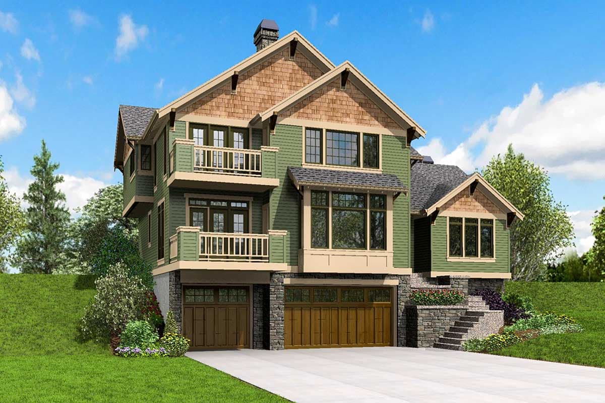House plan exterior: Three-story modern Craftsman with stone foundation, double balconies, and multiple gables.