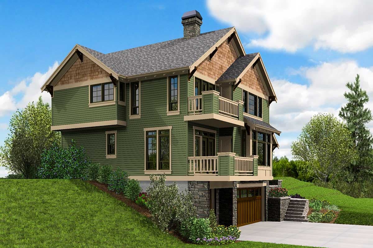 House plan exterior: Two-story home with gabled dormers, balconies, stacked stone base, and a side-entry garage.
