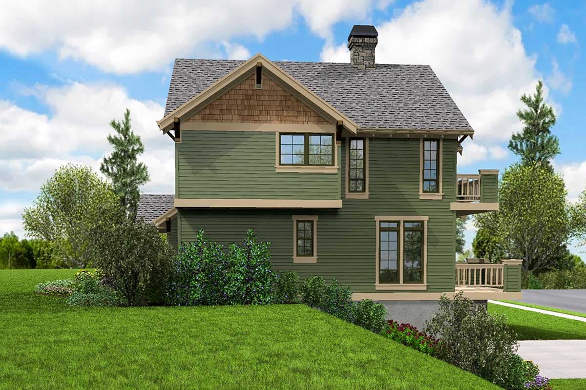 House plan exterior: Two-story home with horizontal siding, gabled dormer, stone chimney, and upper-level balcony.