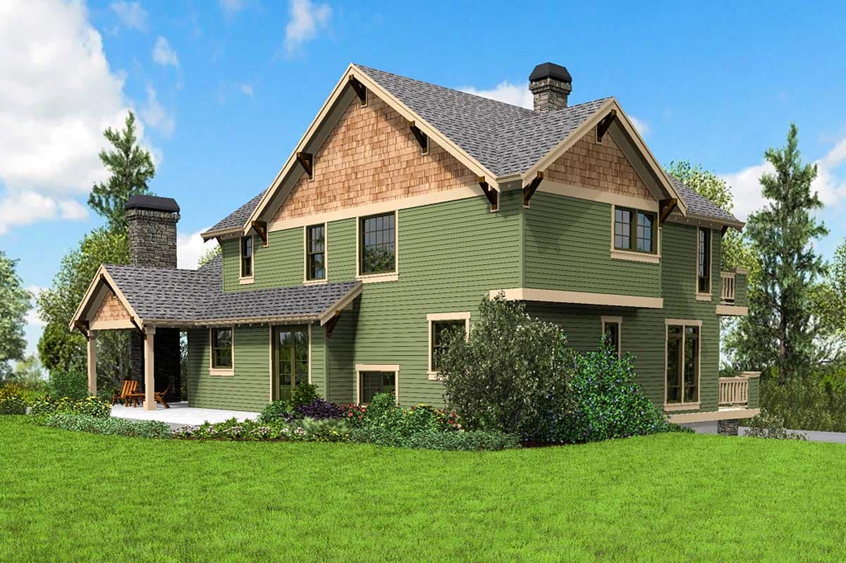 House plan exterior: Two-story home with shingle accents, gables, prominent stone chimney, and covered porch.
