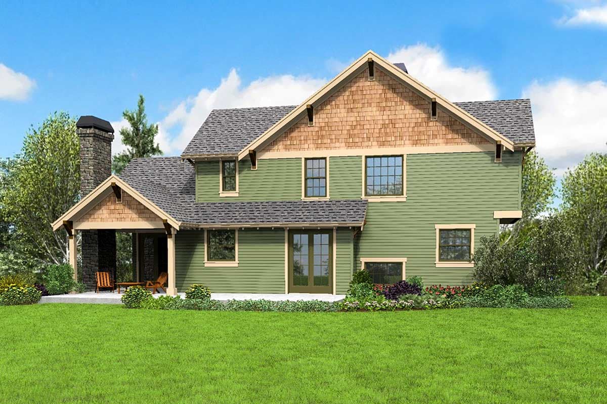 House plan exterior: two-story Modern Farmhouse with stone chimney, covered porch, and decorative gables with cedar shingles.
