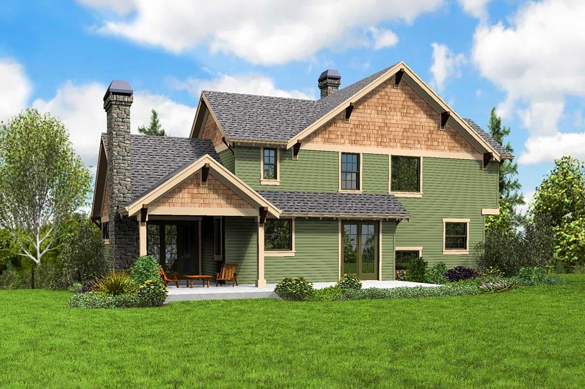 House plan exterior: two-story Craftsman home with stone chimney, covered porch, wood shingles, and gabled dormers.