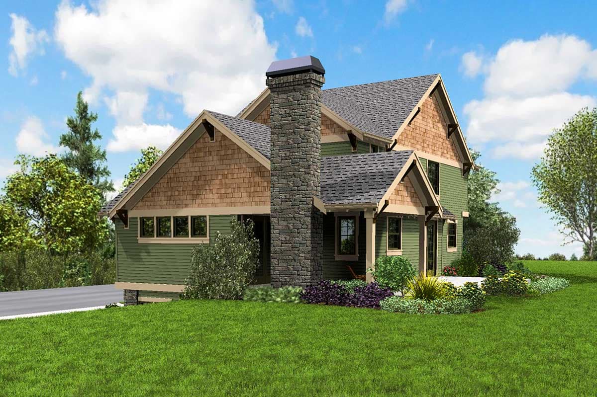 House plan exterior rendering: green siding, stone chimney, cedar shakes, gables, dormers, and covered porch.