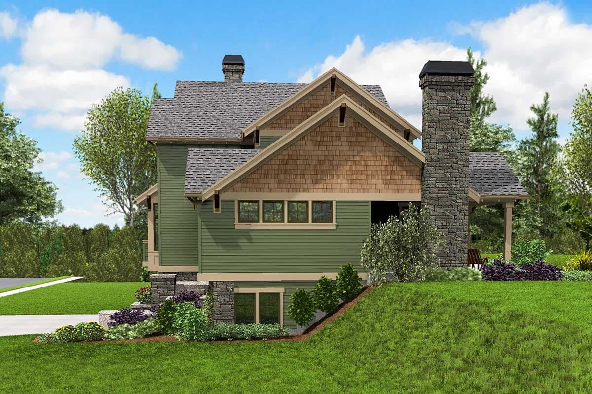 House plan exterior: Two-story modern farmhouse with stone chimney, gables, shingled dormer, and covered porch.