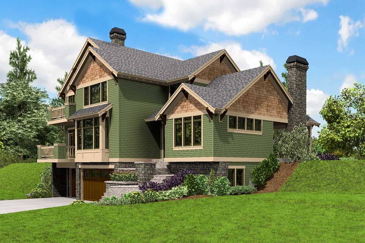 Craftsman style house plan exterior with stone foundation, multiple gables, balconies, and a prominent stone chimney.
