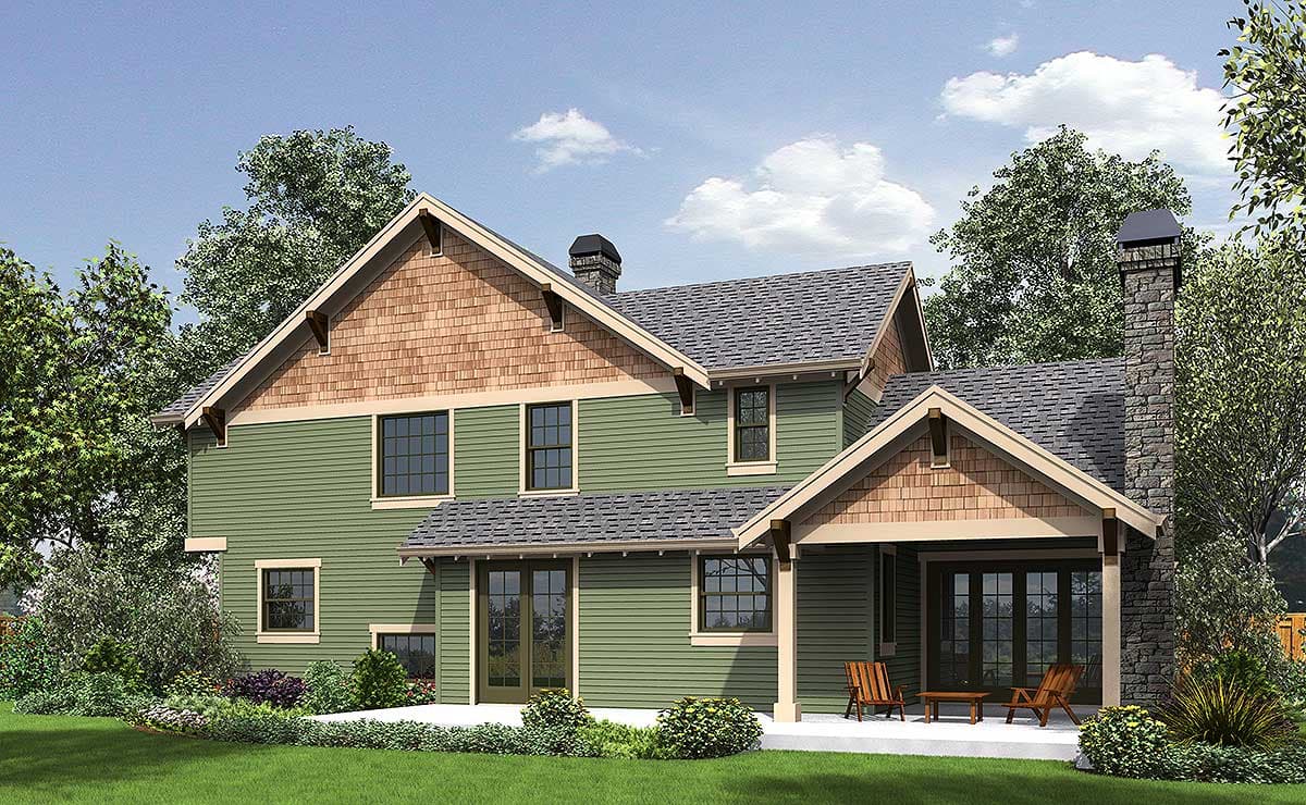 House plan exterior: Two-story home with green siding, cedar shingles, stone chimney, and covered porch.