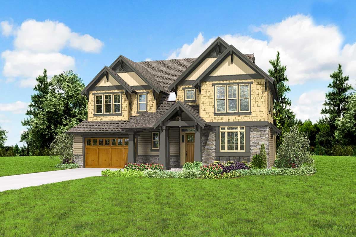 Craftsman style house plan exterior with stone accents, prominent gables, dormers, and attached two-car garage.