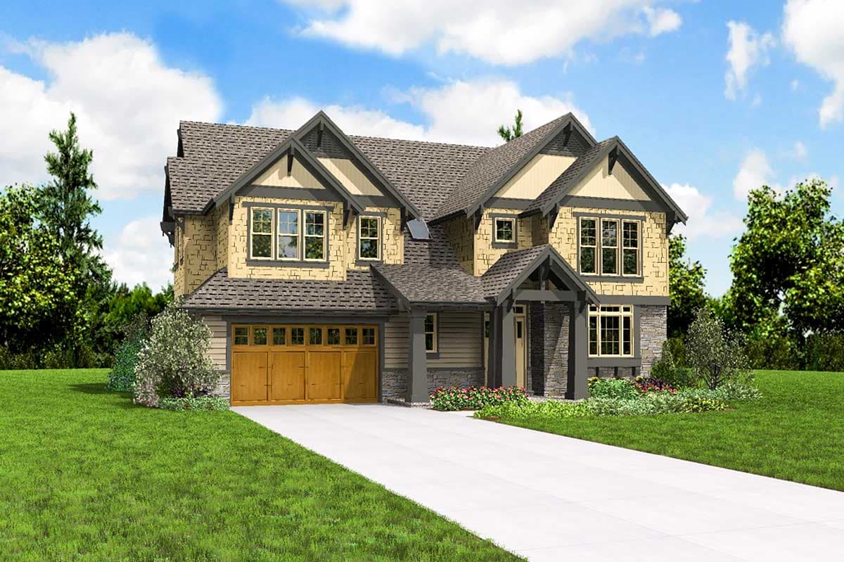 House plan exterior: Two-story home with gabled dormers, stone accents, covered entry, and a multi-pane garage door.