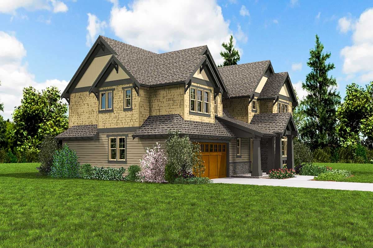 House plan exterior shows a two-story Modern Farmhouse with a side-entry garage, multiple gables, and stone and siding facade.