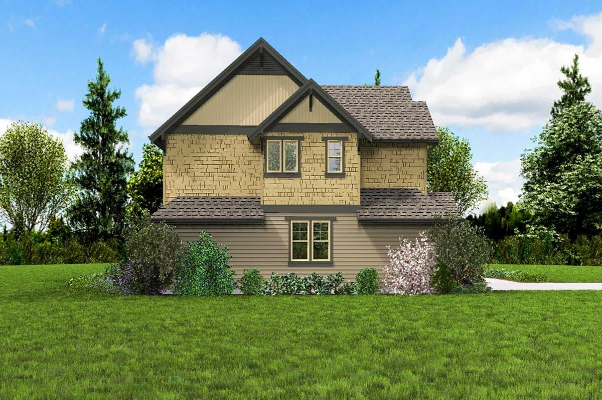 House plan exterior of a two-story home with shingle siding, gables, and multiple rooflines.