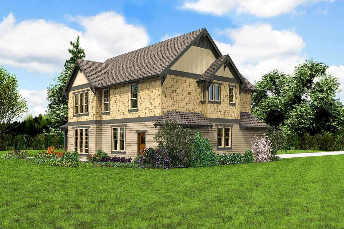 House plan exterior: Two-story home with stone veneer, multiple gables, and varied rooflines.