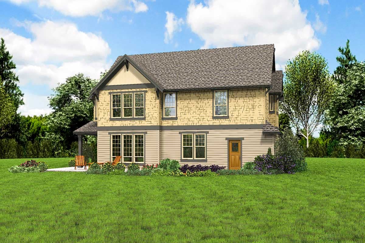 House plan exterior: Two-story home with gabled roof, decorative siding, multiple windows, and a covered front porch.