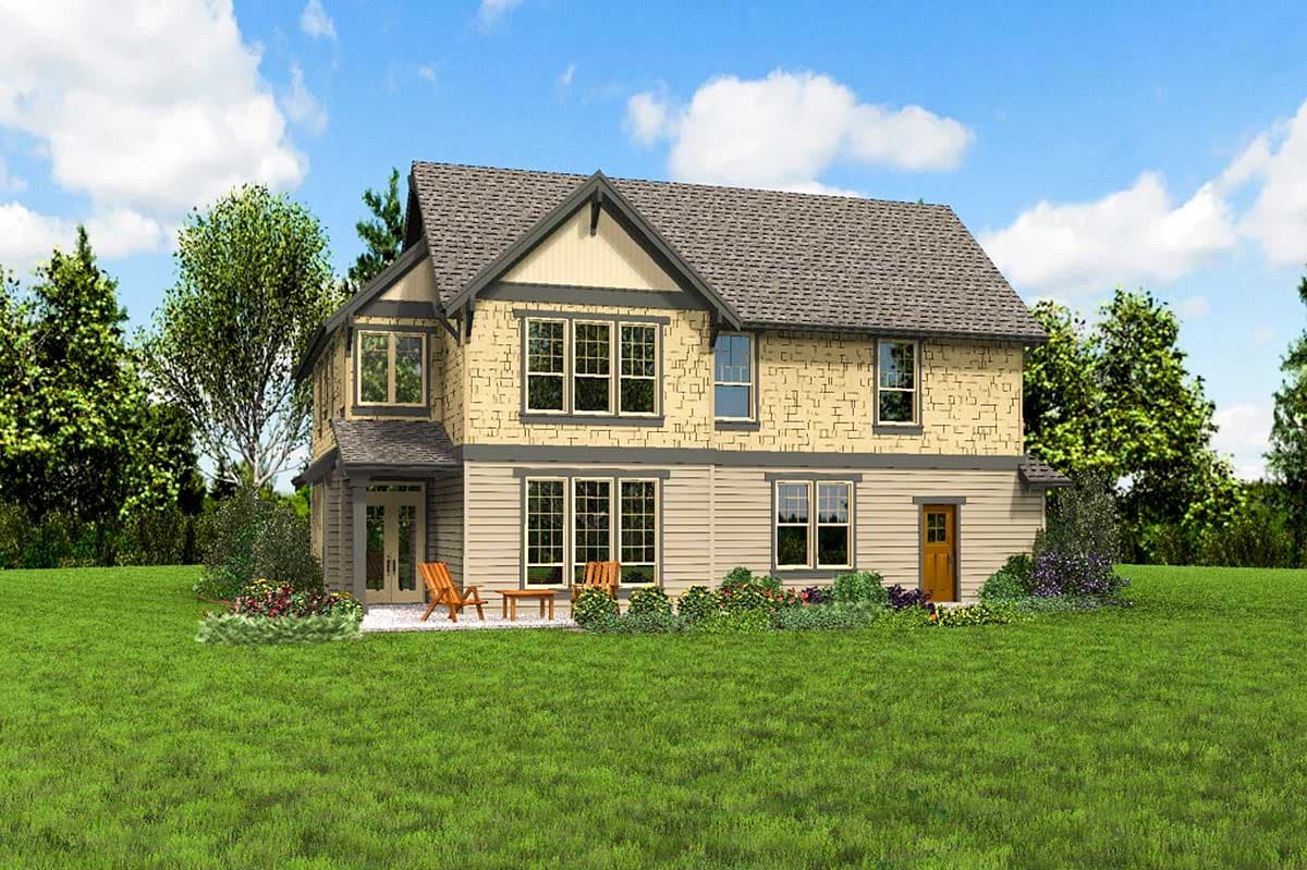 House plan exterior: Two-story home with gabled dormers, varied window arrangements, and a shingled roof.