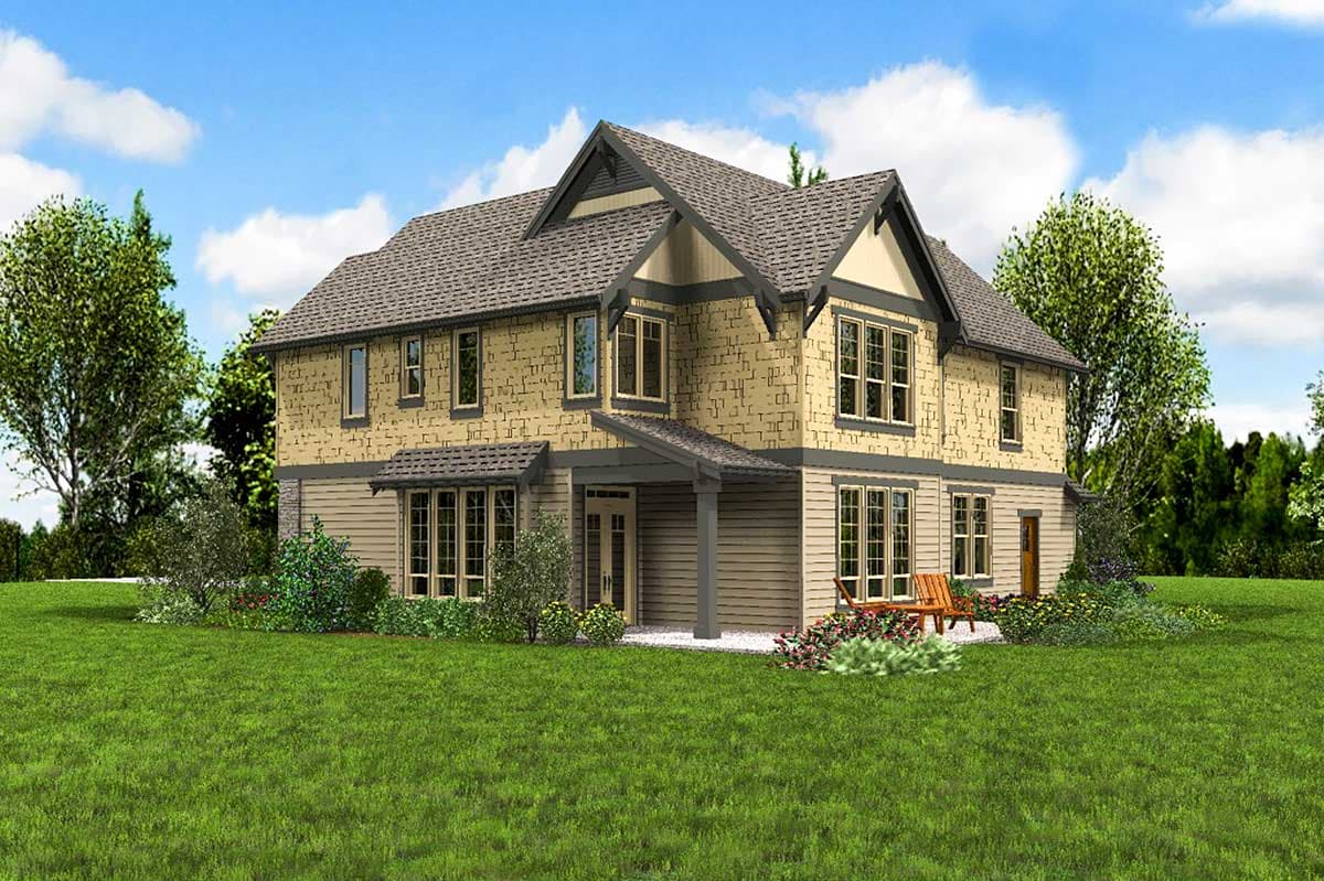 House plan exterior with varied siding, prominent gables, multiple dormers, and a covered entry porch.