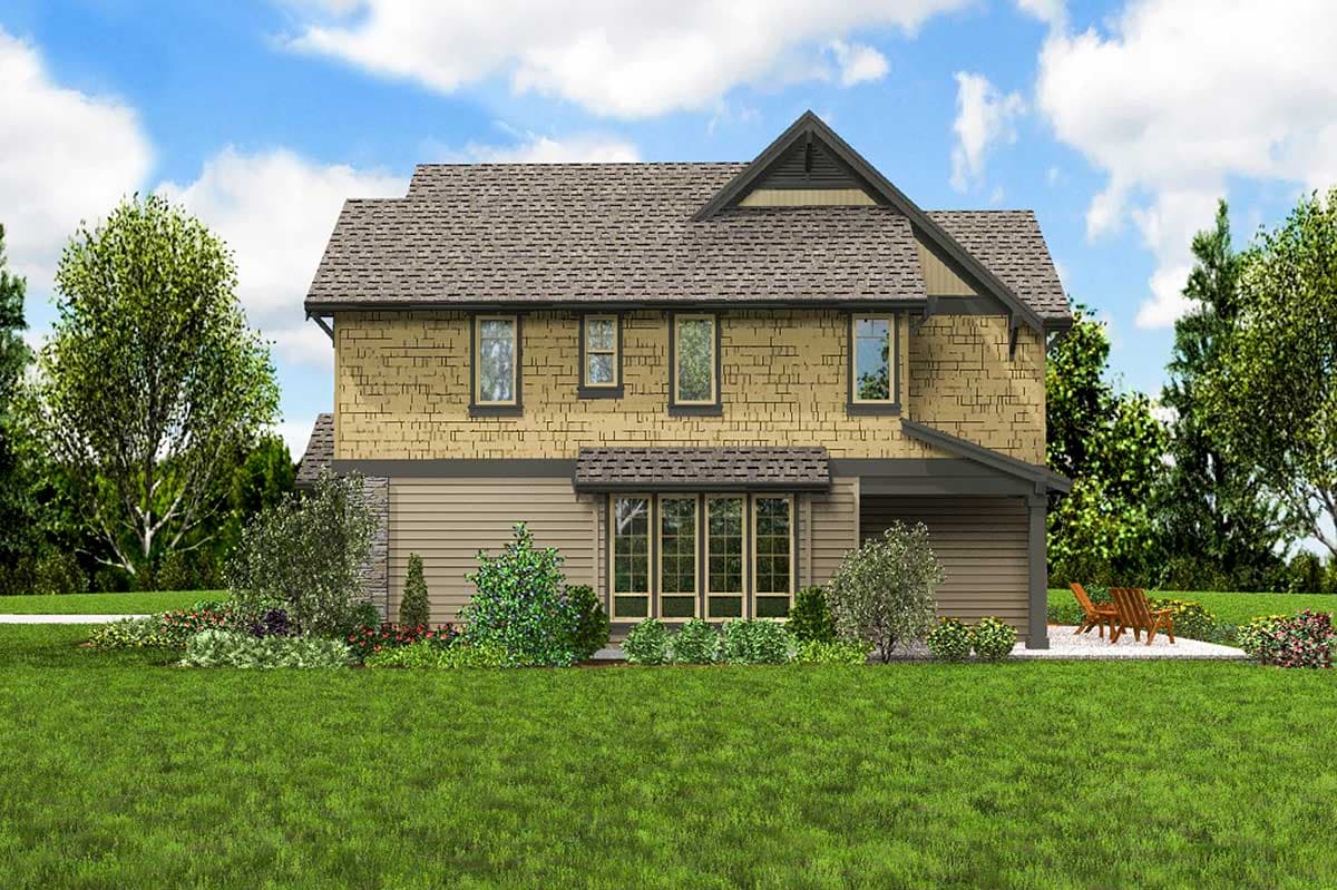 House plan exterior: two-story Modern Farmhouse with multi-textured siding, gabled dormers, and a front-facing garage.