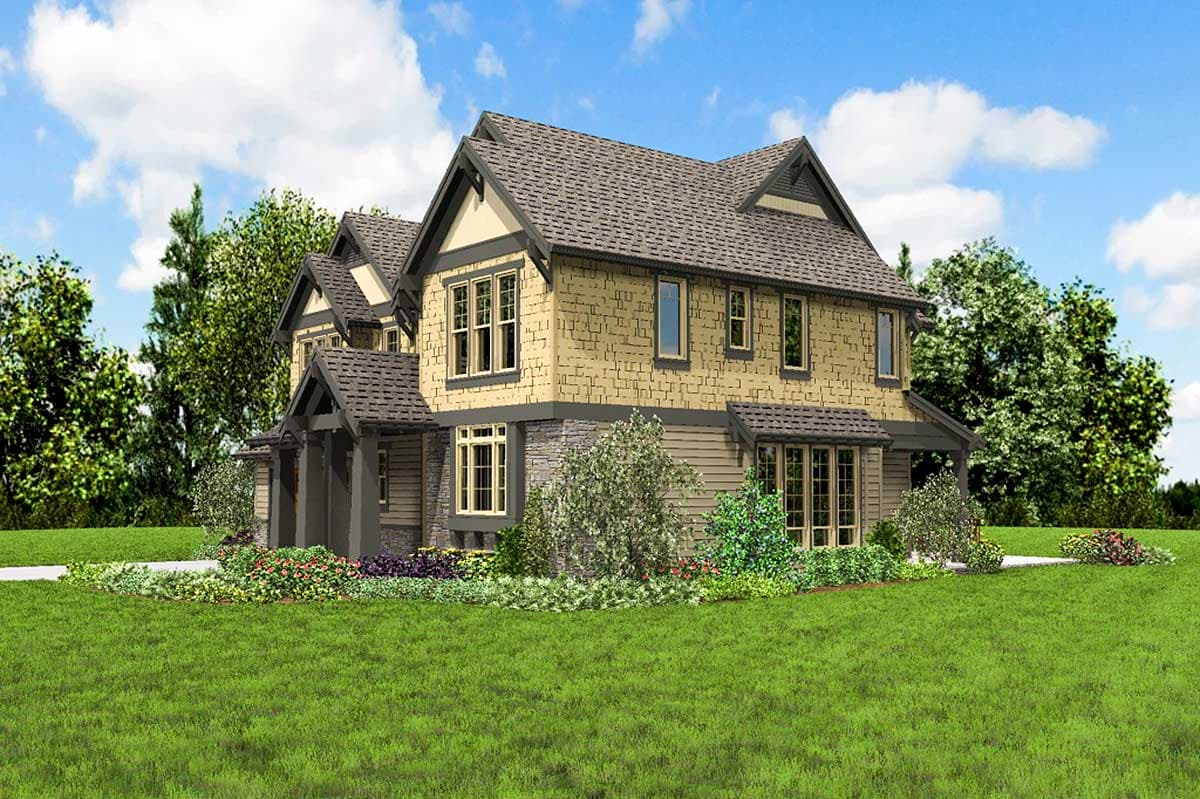 House plan exterior: Two-story home with multiple gables, stone and shingle siding, and a covered entry.