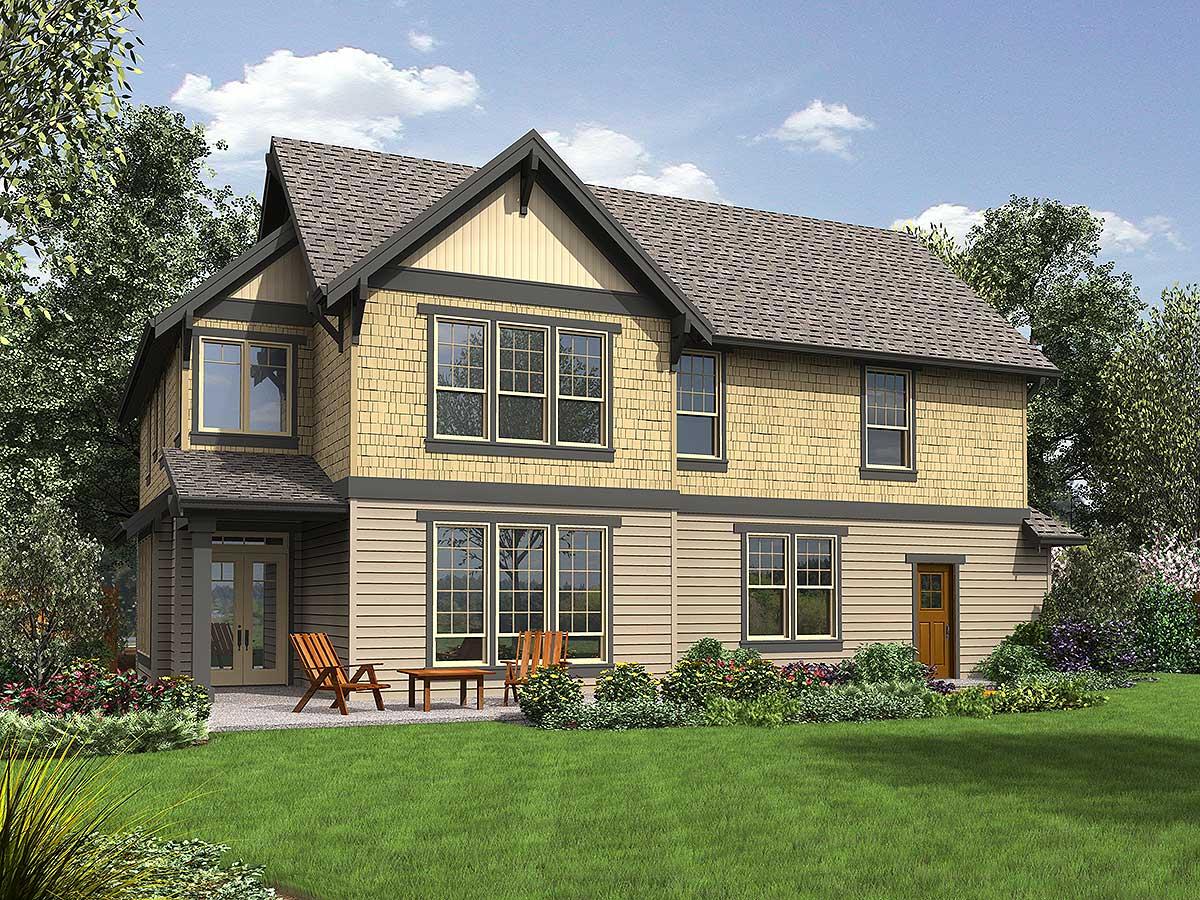 House plan exterior of two-story home with gabled dormer, shingle siding, and large multi-pane windows.