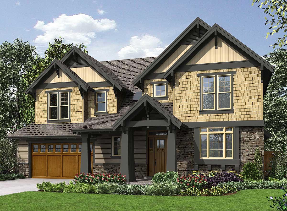 Craftsman house plan exterior, two stories, showing a covered front porch, multi-story gables, shingle siding, and stone accents.