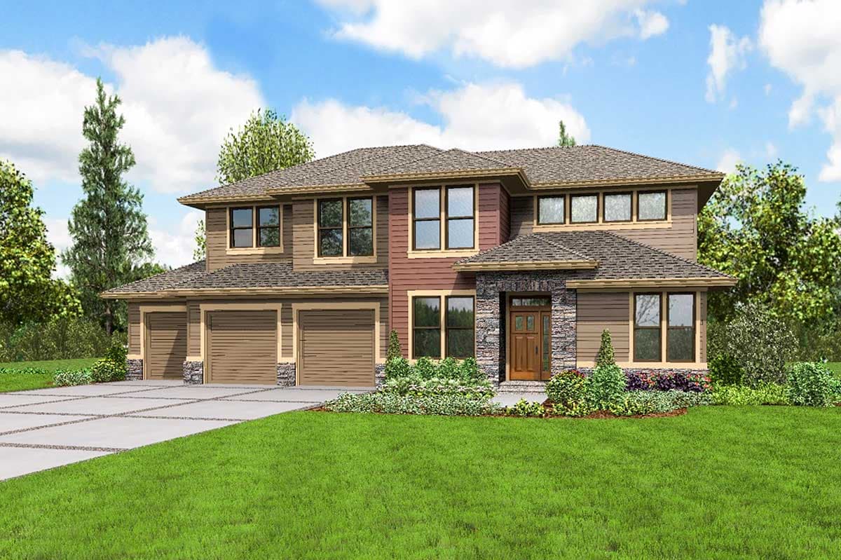 Modern house plan exterior with a three-car garage, stone-accented entry, and layered rooflines.