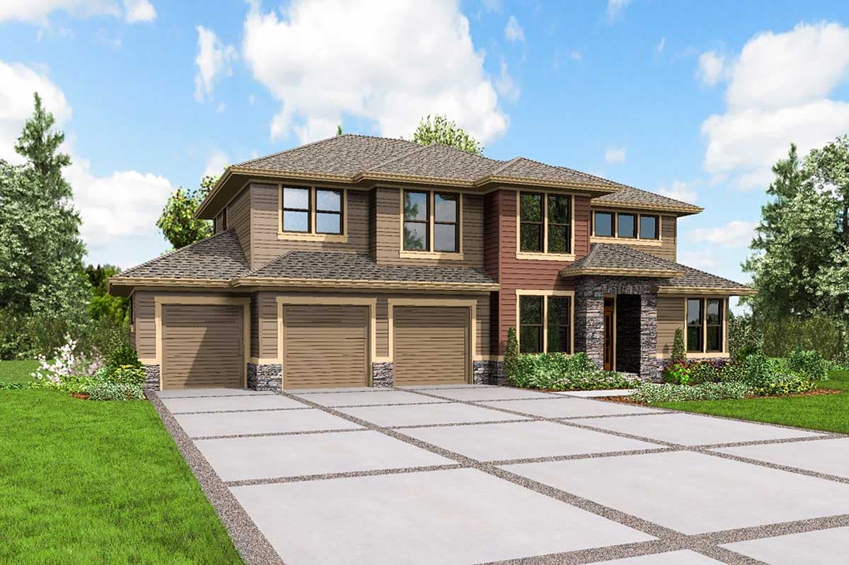 House plan exterior: two-story home with a three-car garage, stone accent entry, and multiple gables.