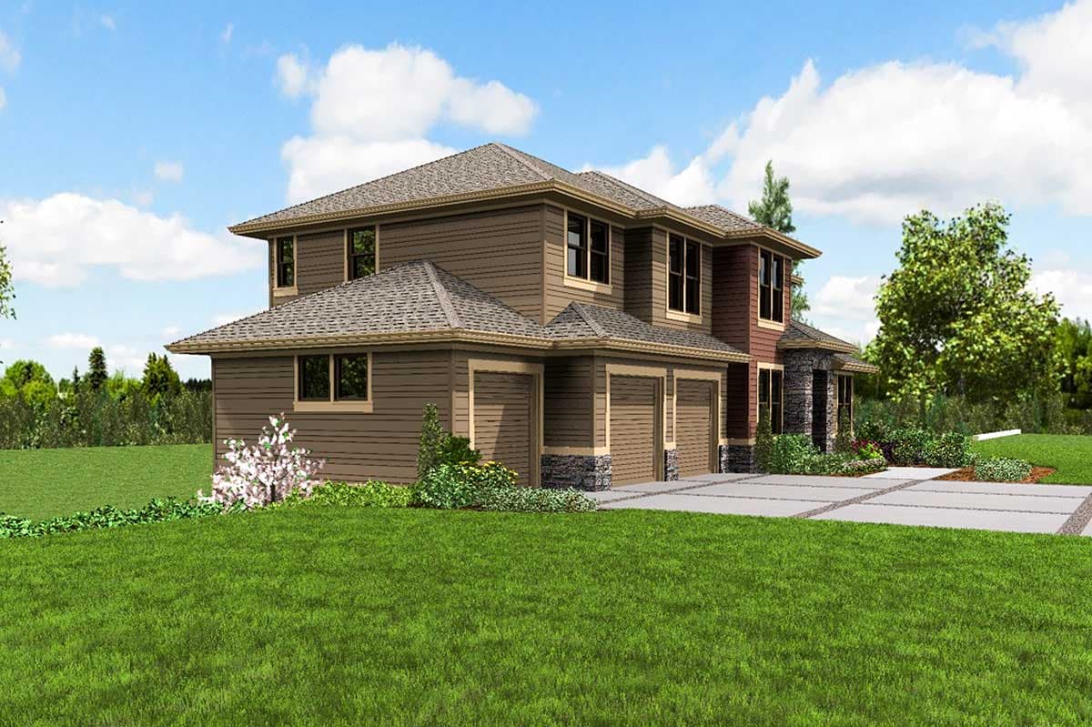 House plan exterior of a two-story home with a three-car garage, stacked stone accents, and hip rooflines.