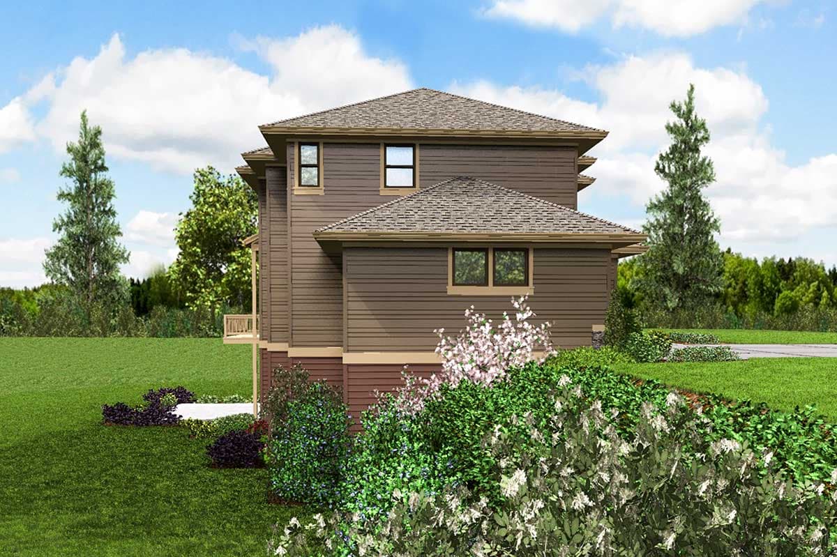 House plan exterior: two-story home with gabled rooflines, horizontal siding, and visible balcony.