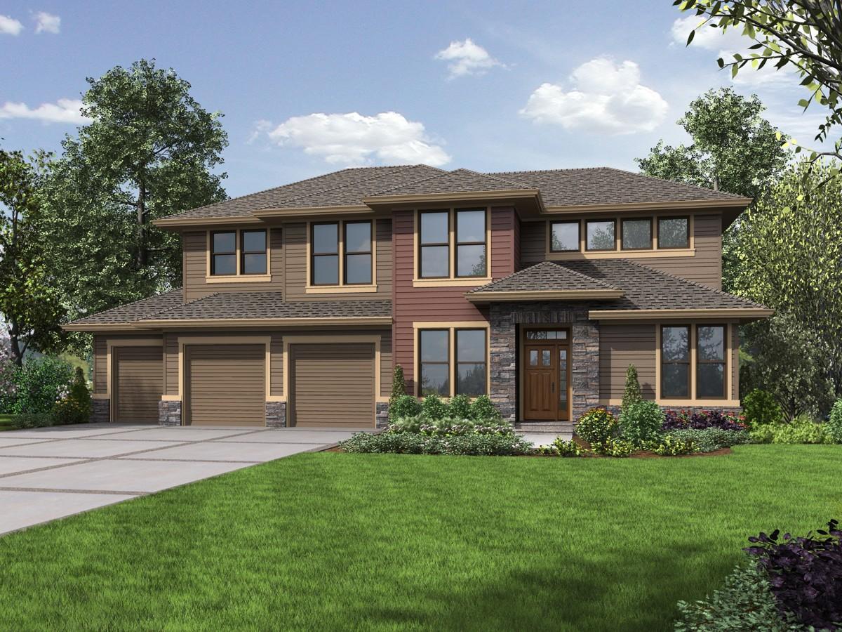 House plan exterior: two-story home with three-car garage, stone accents, hip rooflines, and large windows.