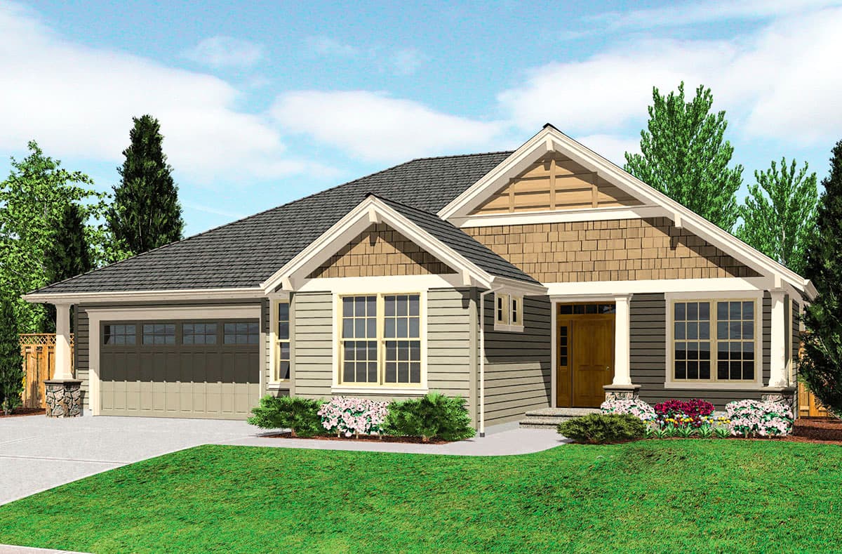 House plan exterior: Single-story home with attached garage, gable detailing, shingle siding, and a covered front entry with stone accents.
