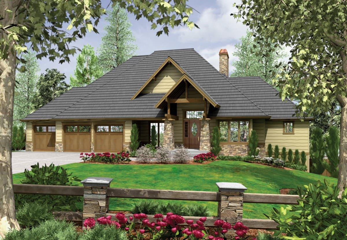 House plan exterior: Craftsman style, single-story, with a three-car garage, stone accents, and covered entry with exposed beams.